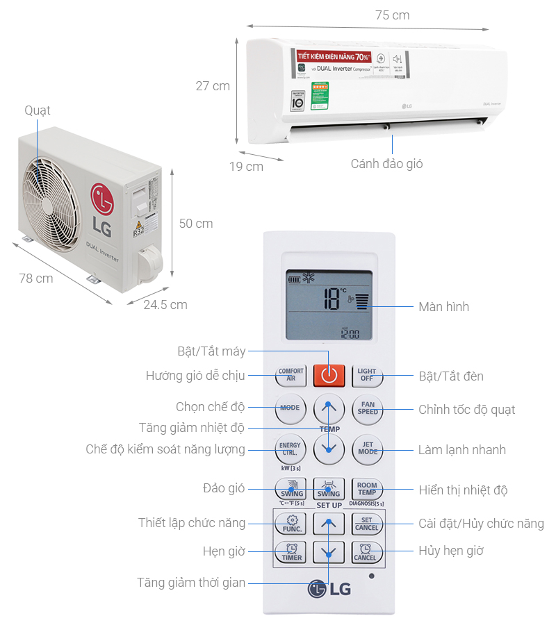 Tổng quan Điều Hòa LG 1 Chiều 9000BTU Inverter V10ENW