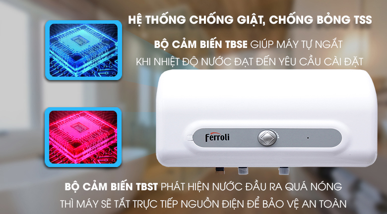 Bình nóng lạnh gián tiếp Ferroli AQUA chống giật 50 lít ngang