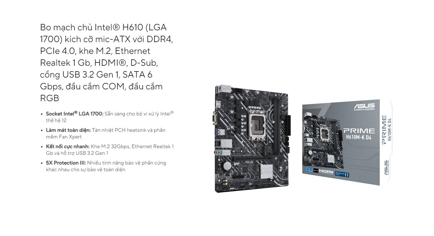 Bo mạch chủ Asus PRIME H610M-K DDR4 (Intel H610/ Intel LGA 1700/ 2 khe ram)