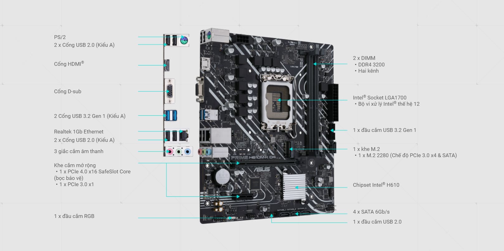 Bo mạch chủ Asus PRIME H610M-K DDR4 (Intel H610/ Intel LGA 1700/ 2 khe ram)