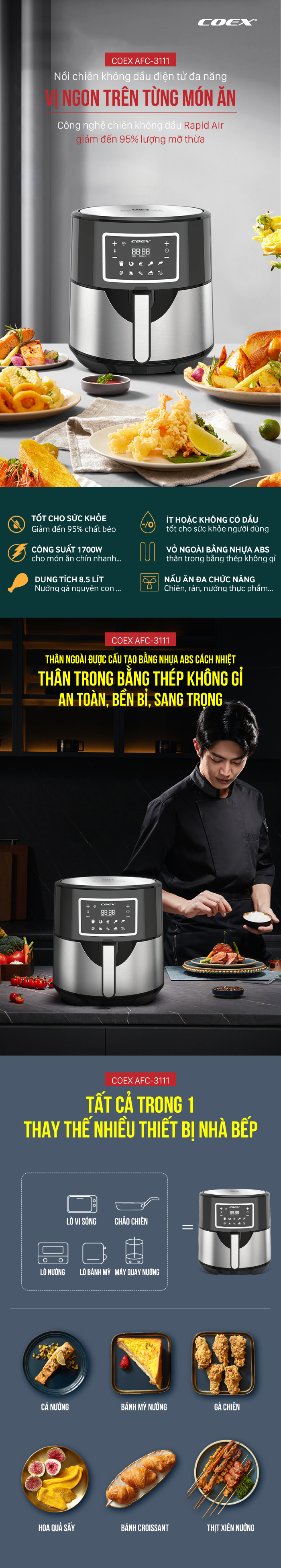 Nồi chiên không dầu điện tử đa năng 8.5 lít COEX AFC-3111