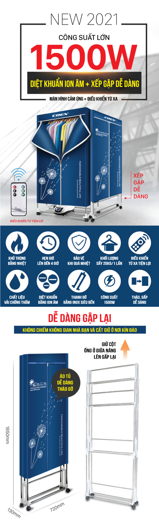 Máy sấy quần áo đa năng COEX CD-6106 (Xếp gập, có điều khiển từ xa )