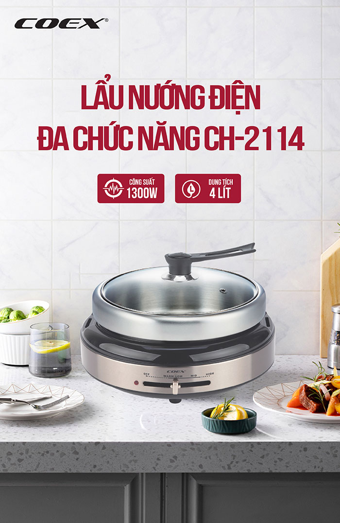 Lẩu nướng điện đa chức năng Coex CH-2114 (Kèm khay nướng)