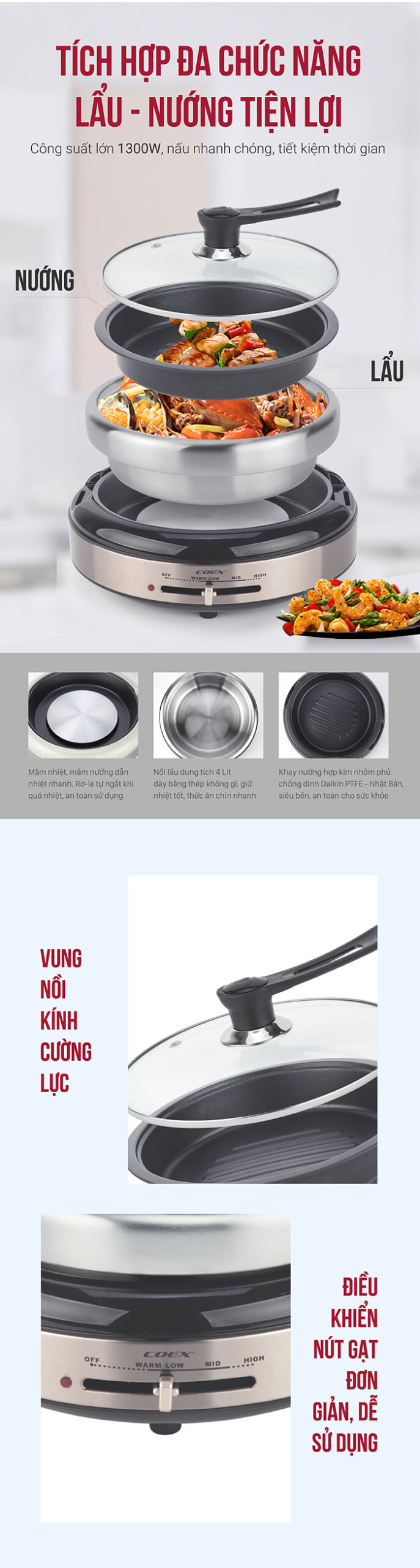 Lẩu nướng điện đa chức năng Coex CH-2114 (Kèm khay nướng)
