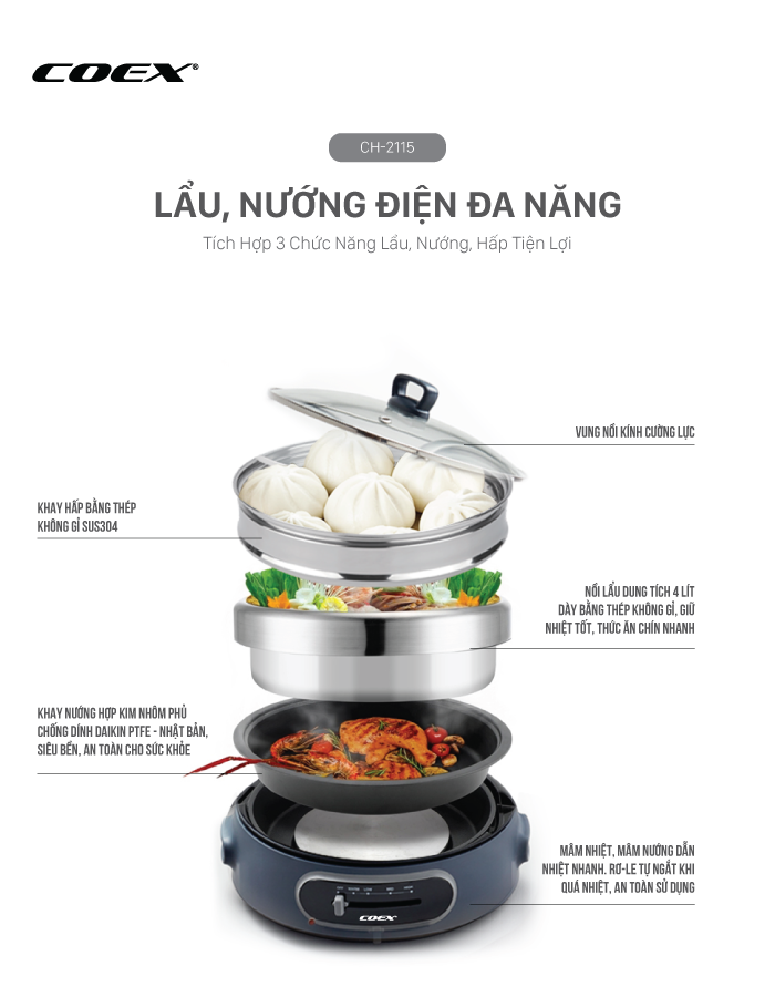 Lẩu nướng điện đa năng Coex CH-2115 (Kèm khay nướng và vỉ hấp)