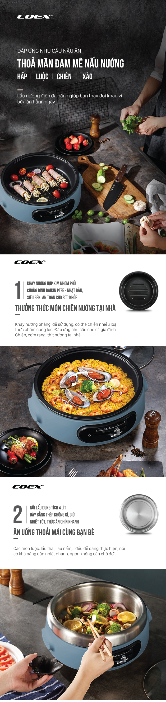 Lẩu nướng điện đa năng Coex CH-2115 (Kèm khay nướng và vỉ hấp)