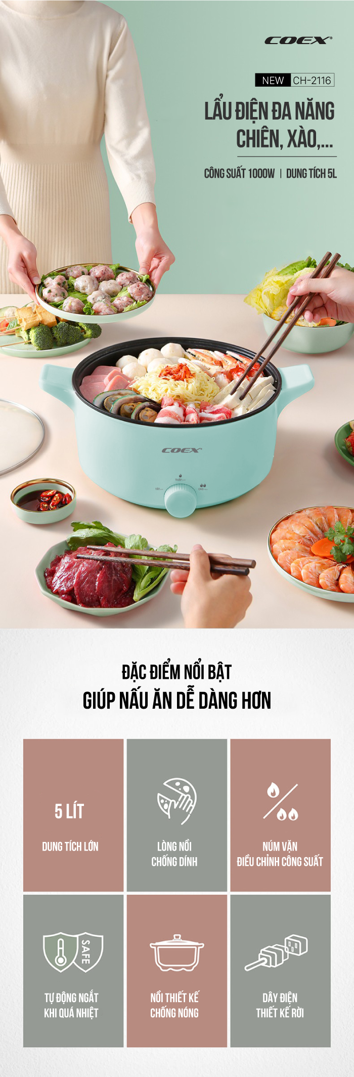 Lẩu điện đa chức năng Coex CH-2116