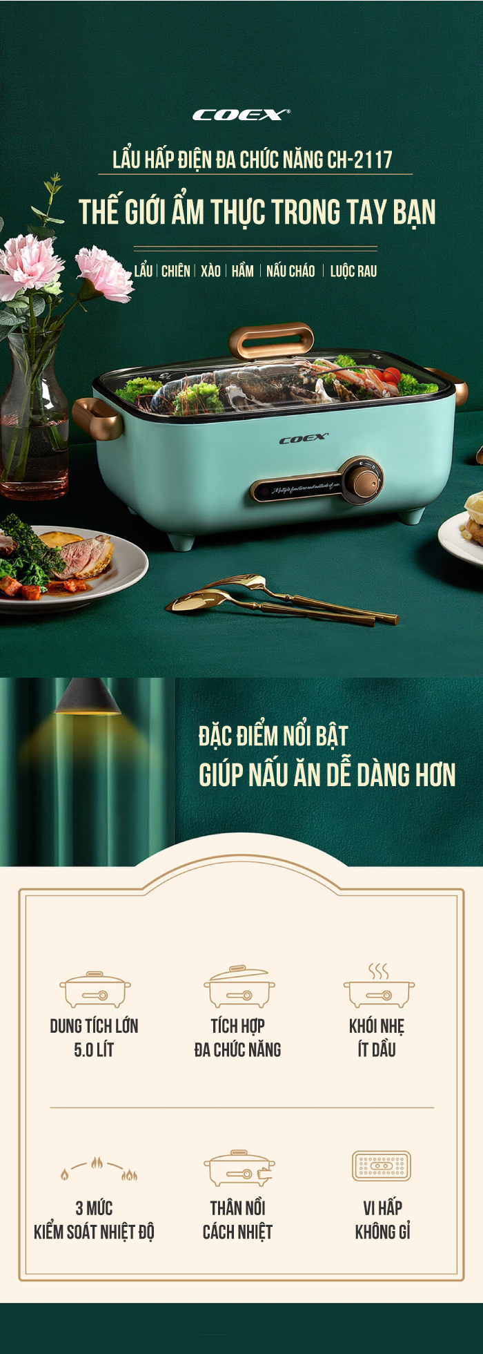 Lẩu hấp điện đa chức năng Coex CH-2117 (Kèm vỉ hấp)