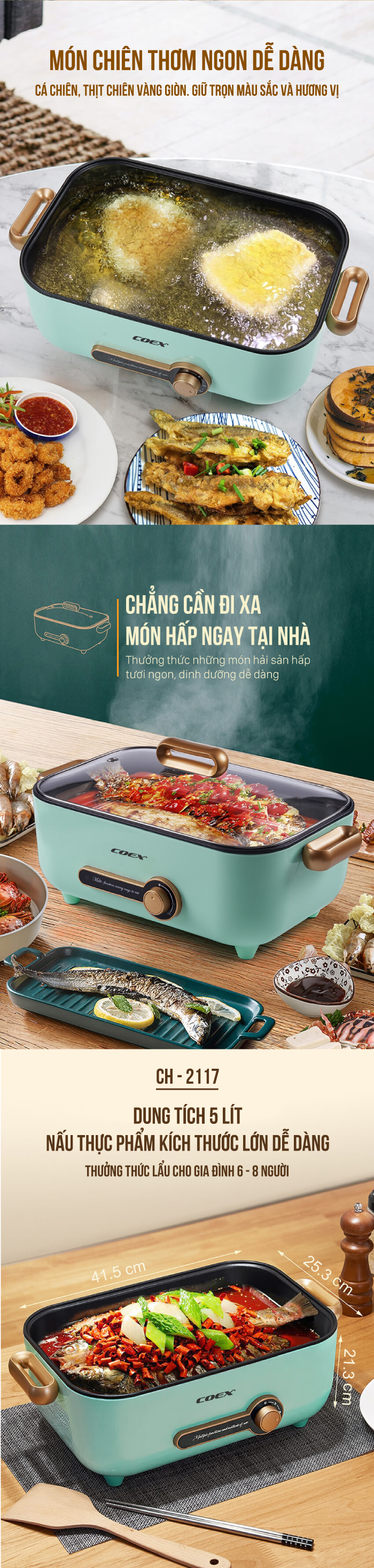Lẩu hấp điện đa chức năng Coex CH-2117 (Kèm vỉ hấp)