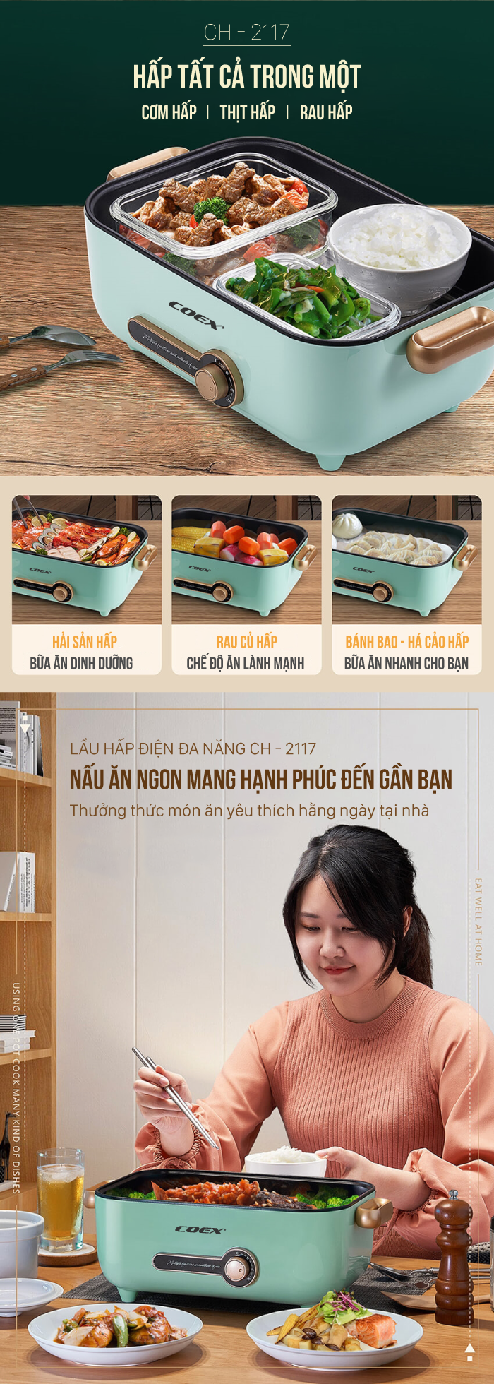 Lẩu hấp điện đa chức năng Coex CH-2117 (Kèm vỉ hấp)