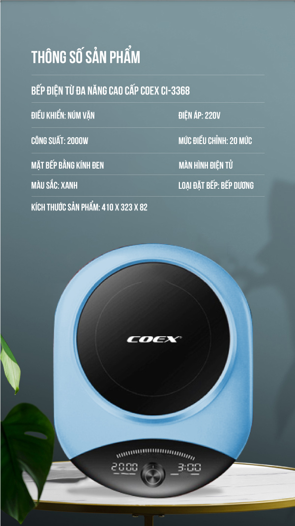 Bếp điện từ đa năng cao cấp COEX CI-3368 xanh (Kèm nồi lẩu)