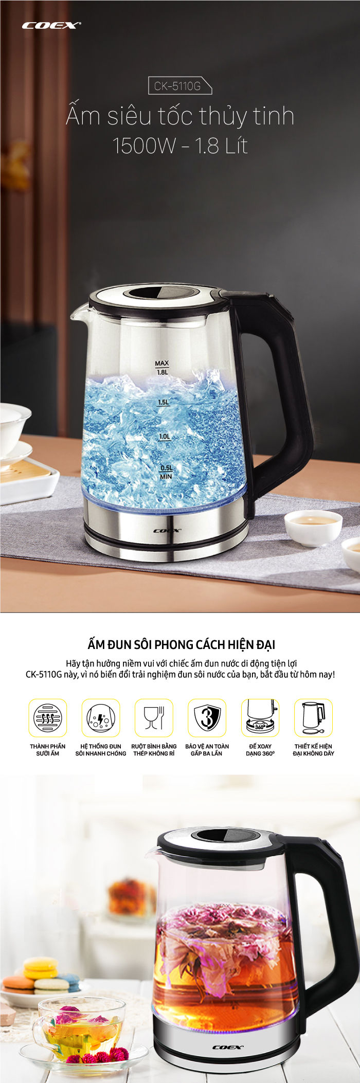 Ấm siêu tốc thủy tinh 1.8 lít Coex CK-5110G 1500W