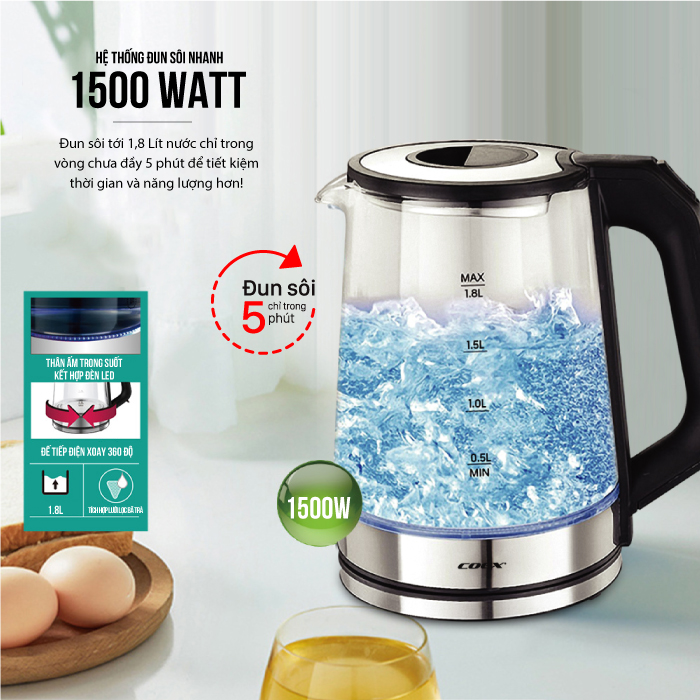 Ấm siêu tốc thủy tinh 1.8 lít Coex CK-5110G 1500W