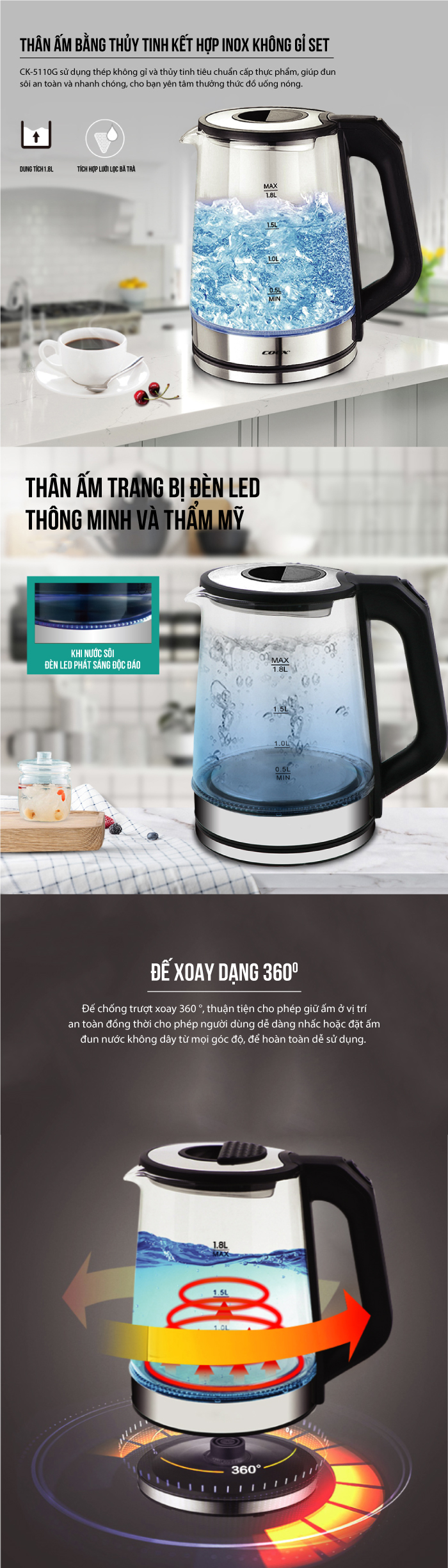Ấm siêu tốc thủy tinh 1.8 lít Coex CK-5110G 1500W