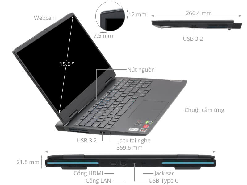 Máy tính xách tay Lenovo IdeaPad Gaming 3 15ARH7 (Ryzen 5 6600H/ 16GB/ 512GB SSD/ Nvidia GeForce RTX 3050 4Gb GDDR6/ 15.6inch Full HD/ Windows 11 Home/ Grey/ PC + ABS (Top), PC + ABS (Bottom)/ 2 Year)
