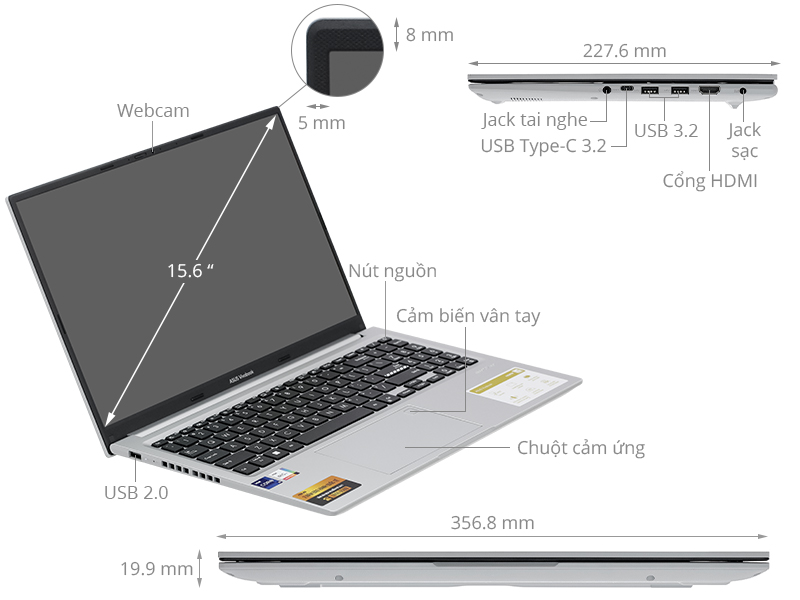 Máy tính xách tay Asus Vivobook A1505VA-L1201W (Core i9-13900H/ 16GB/ 512GB SSD/ Intel Iris Xe Graphics/ 15.6inch FHD OLED/ Windows 11 Home/ Silver)