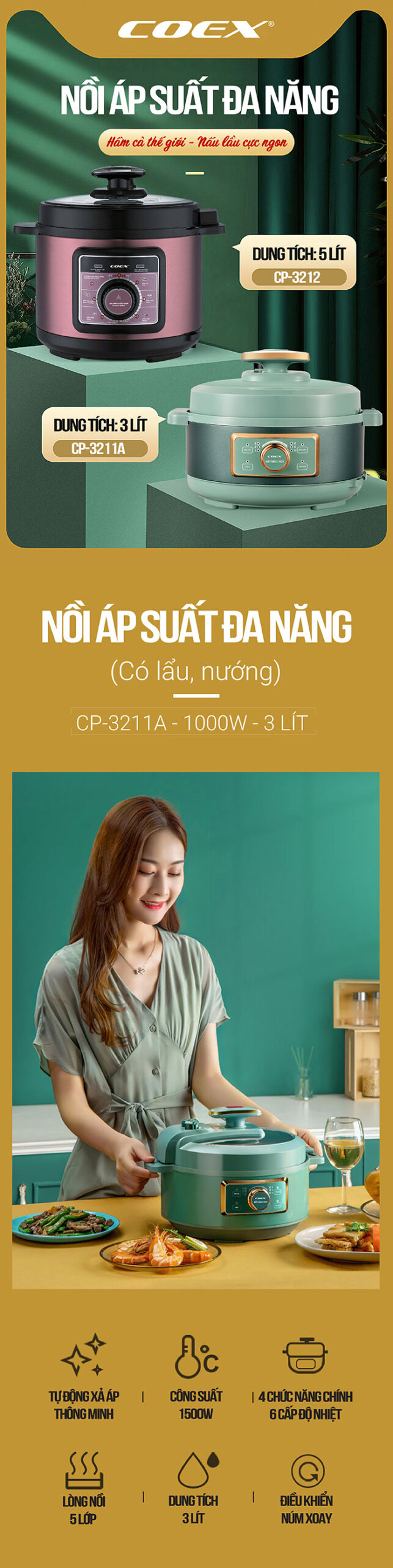 Nồi áp suất đa năng 3L COEX CP-3211A (Có lẩu, nướng)