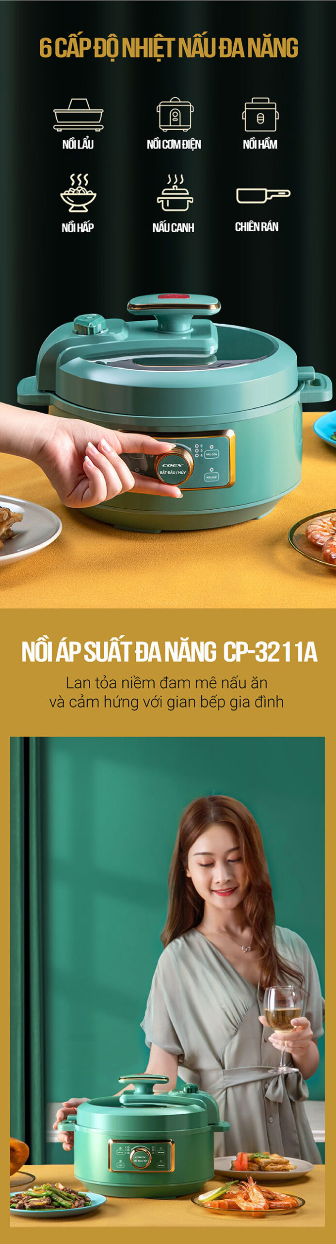 Nồi áp suất đa năng 3L COEX CP-3211A (Có lẩu, nướng)