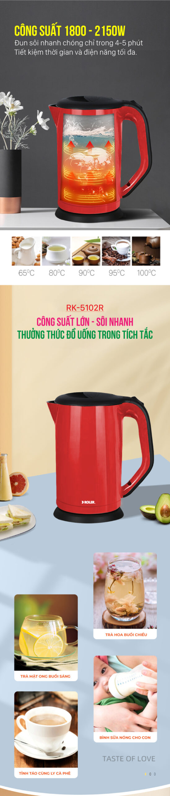 Bình siêu tốc cao cấp 2 lớp Inox 304, màu đỏ Roler RK-5102R (1.7L)