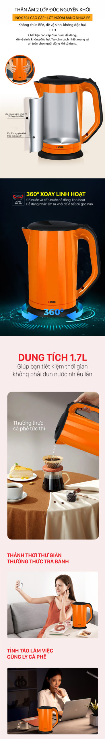 Bình siêu tốc cao cấp 2 lớp Inox 304, màu cam Roler RK-5102O (1.7L)