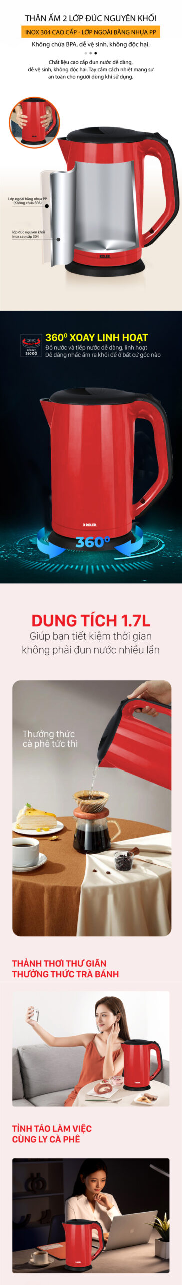 Bình siêu tốc cao cấp 2 lớp Inox 304, màu đỏ Roler RK-5102R (1.7L)