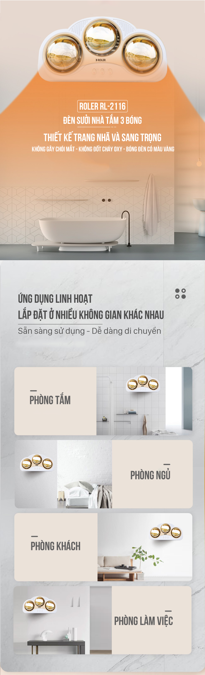 Đèn sưởi nhà tắm 3 bóng ROLER RL-2116
