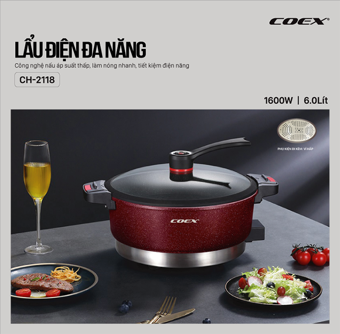 Lẩu điện đa năng Coex CH-2118 (Kèm khay hấp)