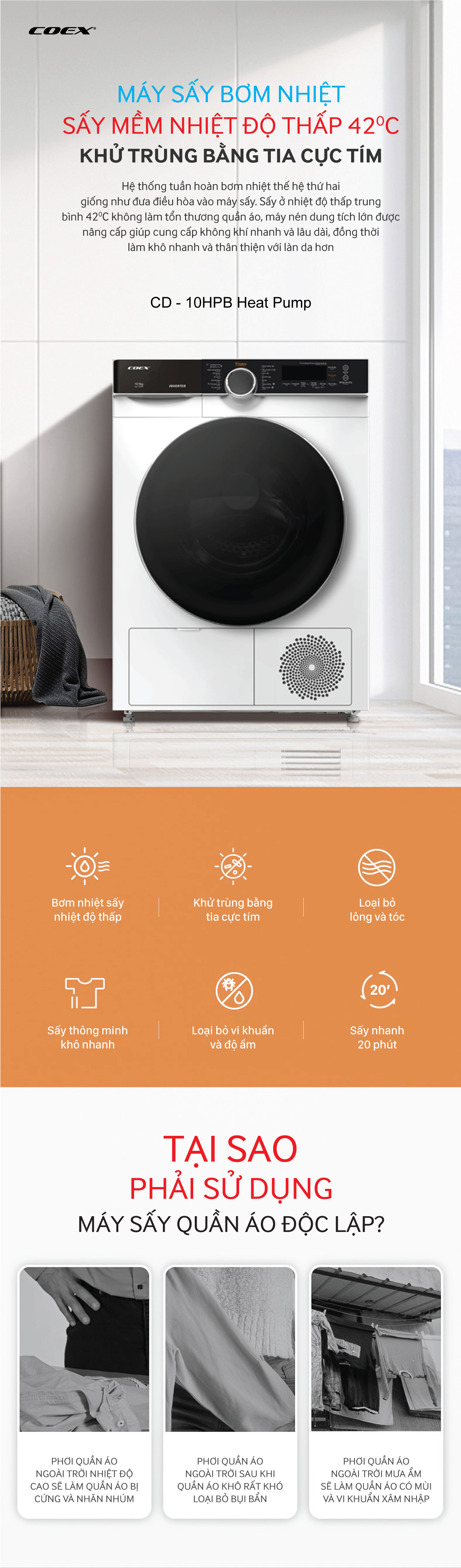 Máy sấy quần áo bơm nhiệt Heatpump Inverter Coex CD-10HPB GREY (10,5kg)
