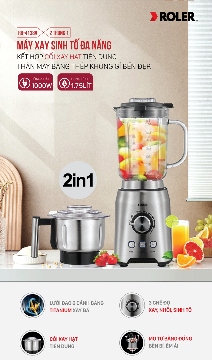 Máy xay sinh tố đa năng Roler RB-4138A (2 in 1)