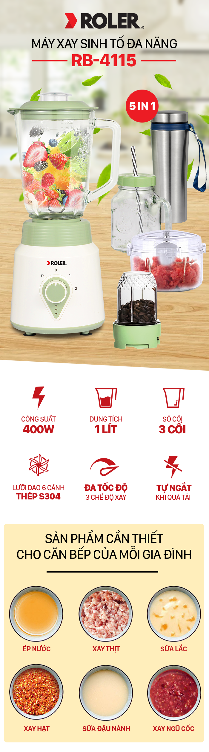 Máy xay sinh tố đa năng ROLER RB - 4115 ( 5 in 1 )