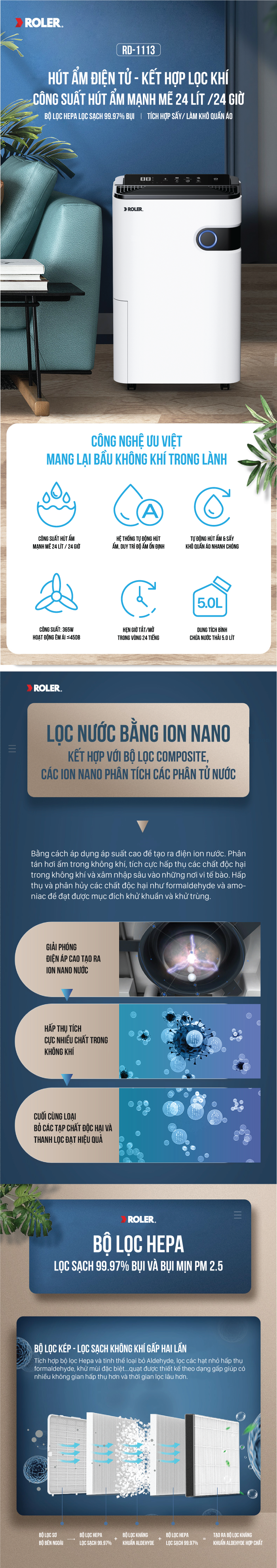 Máy hút ẩm điện tử kết hợp lọc khí 24 lít ROLER RD-1113