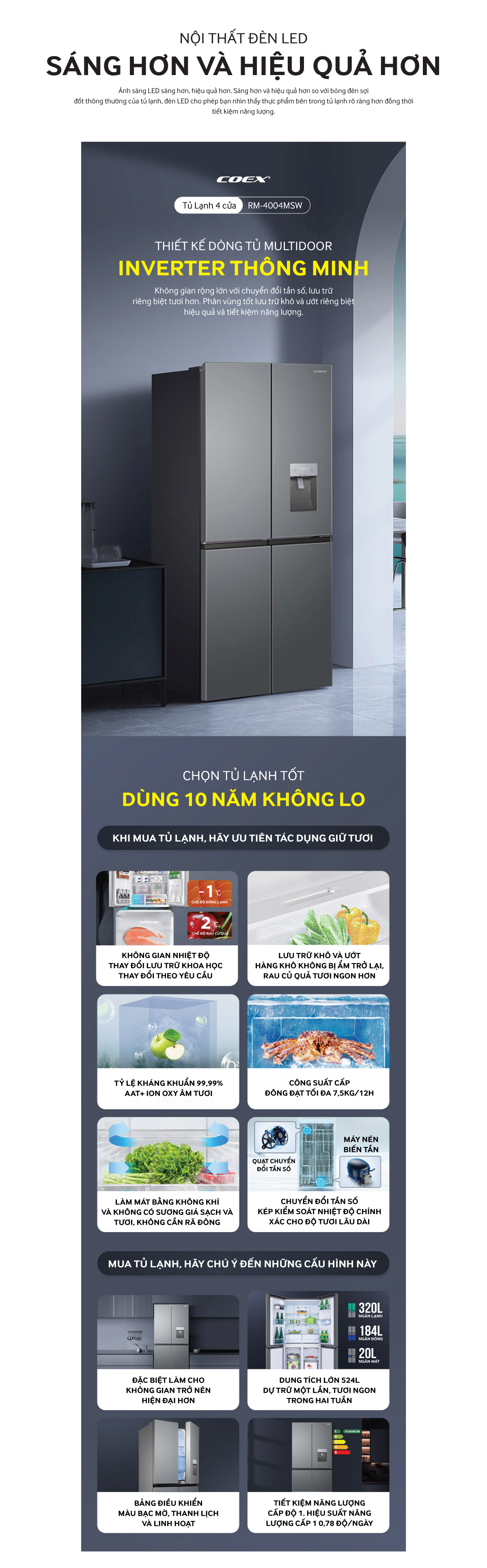 Tủ lạnh 4 cửa Inverter Coex RM-4004MSW 524L