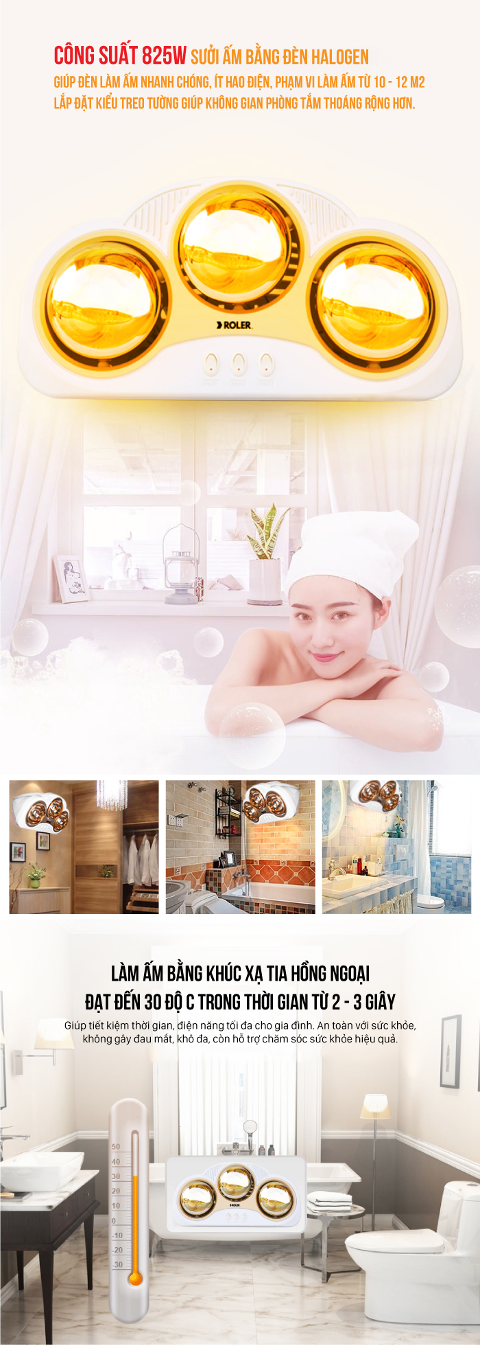 Đèn sưởi nhà tắm 3 bóng ROLER RL-2116