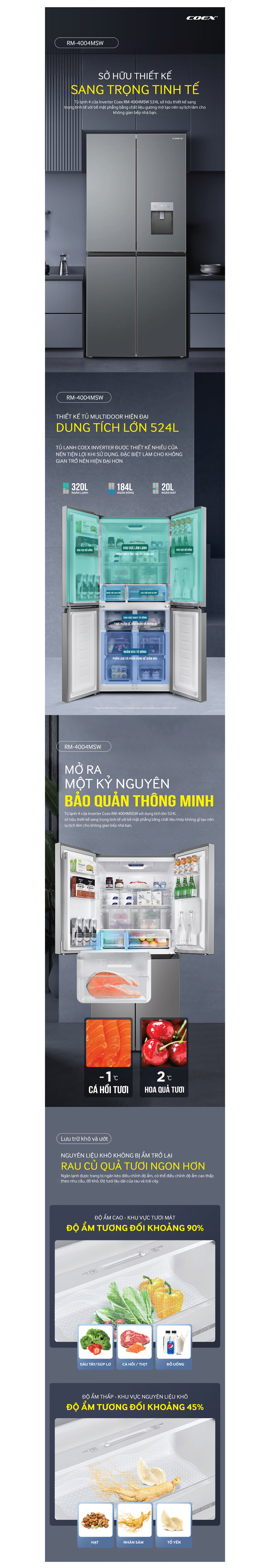Tủ lạnh 4 cửa Inverter Coex RM-4004MSW 524L