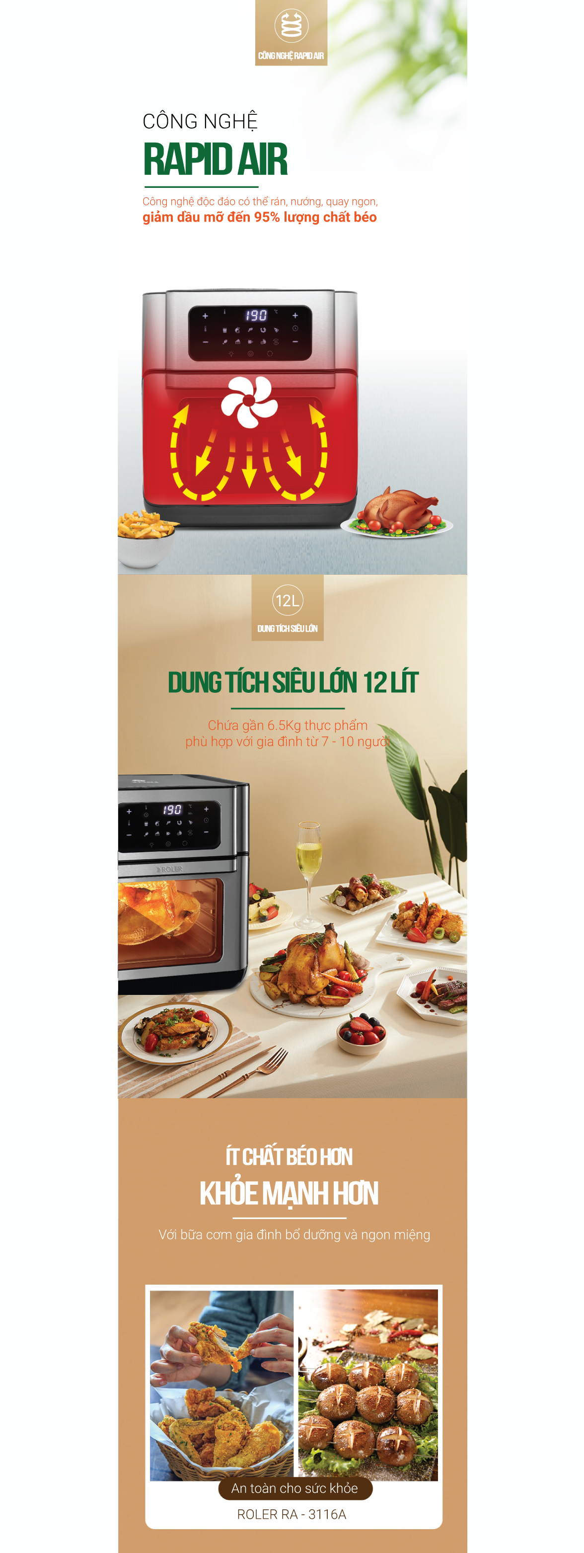 Nồi chiên không dầu điện tử đa chức năng 12 lít Roler RA-3116A