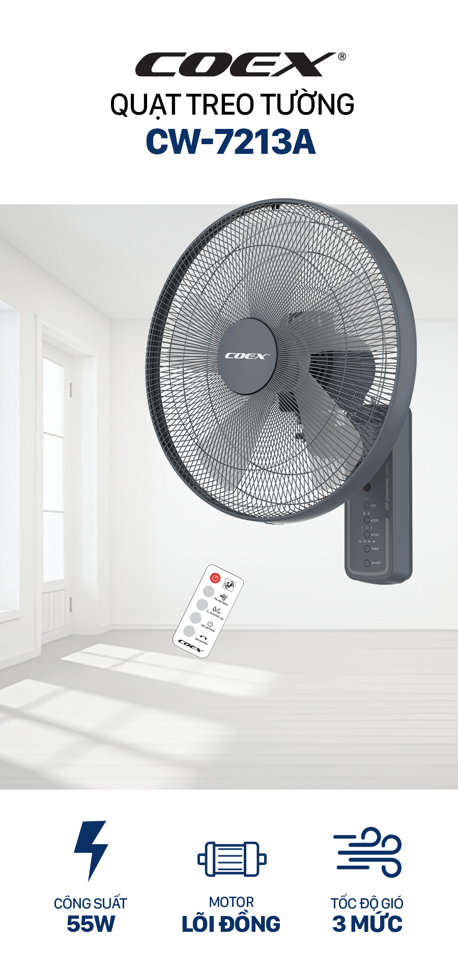 Quạt treo tường có điều khiển Coex CW-7213A