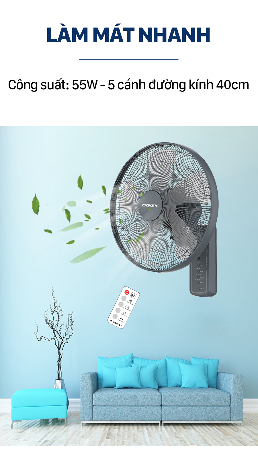 Quạt treo tường có điều khiển Coex CW-7213A