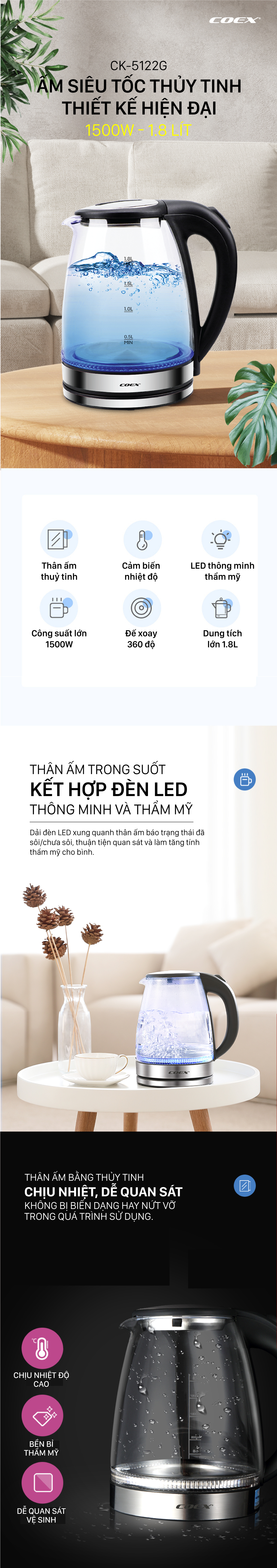 Ấm siêu tốc thủy tinh 1.8L Coex CK - 5122G