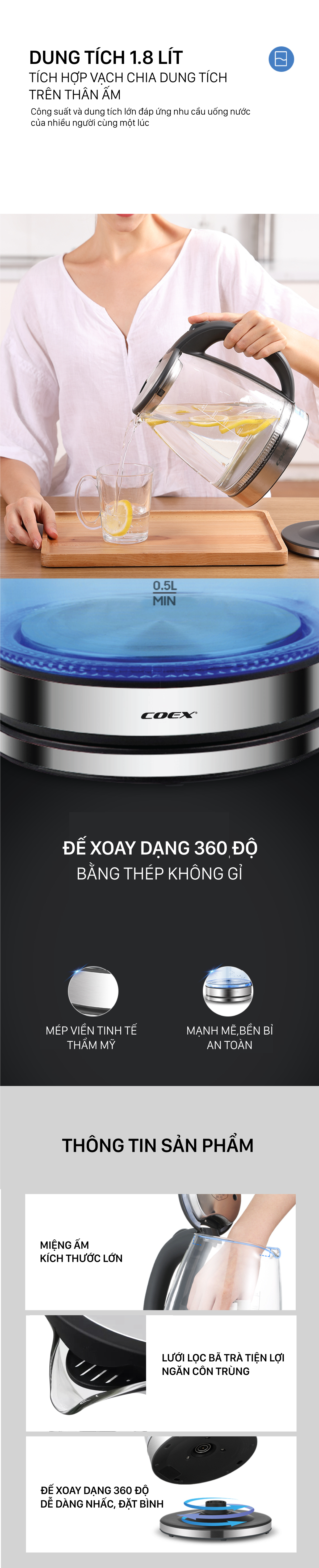 Ấm siêu tốc thủy tinh 1.8L Coex CK - 5122G